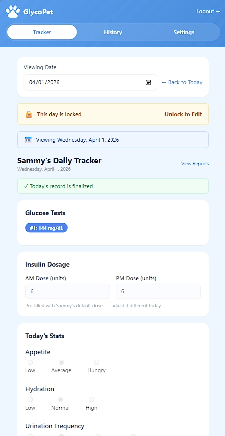 GlycoPet Tracking Screenshot