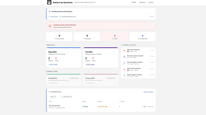 VetCare Patient Dashboard Page Screenshot
